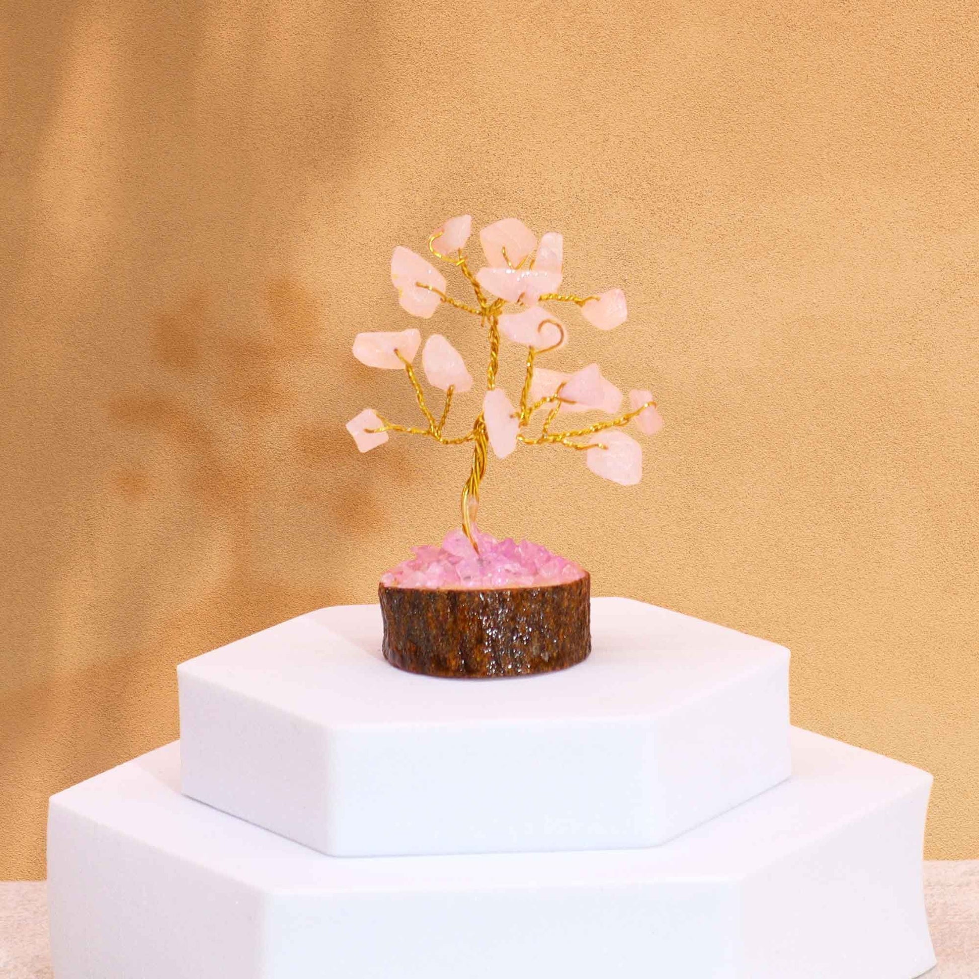 Mini Gemstone Trees On Wood Base - Rose Quartz (15 stones)