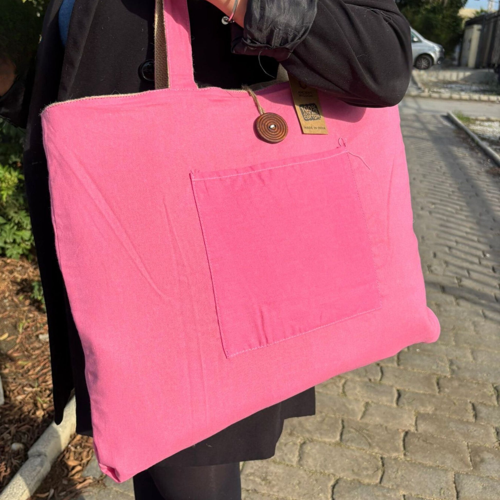 Reversible Jute & Cotton Big Bag - Pink
